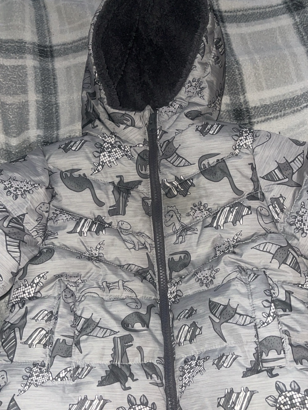 Swiss Tech Gray Hooded Dinosaur Print Puffer Jacket